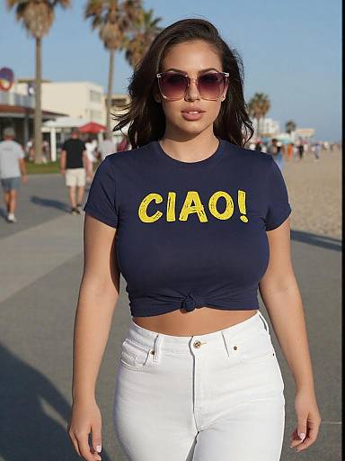 Photograph of a young woman with medium brown skin, shoulder-length black hair, wearing large sunglasses, a black crop top with 