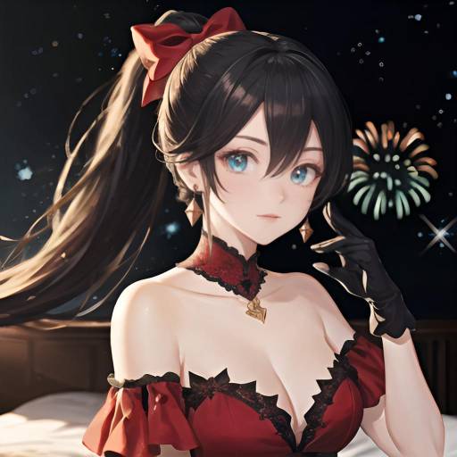 Anime-style digital artwork of a black-haired girl with bright blue eyes, red dress, black gloves, and red bow, lying on a bed with fireworks
