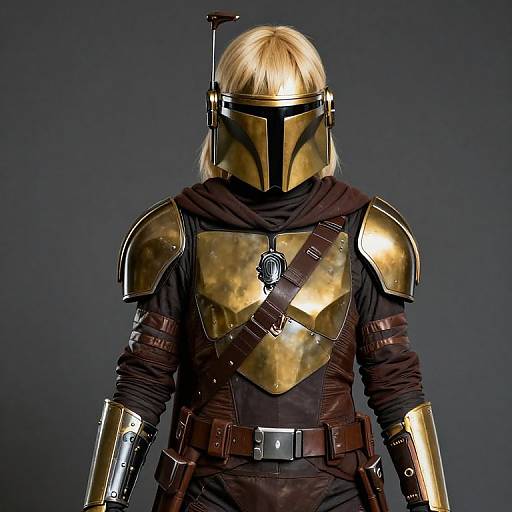 Photograph of a person in Mandalorian armor with gold helmet, shoulder pads, and chest plate, wearing black cloak and brown belt, against dark gray