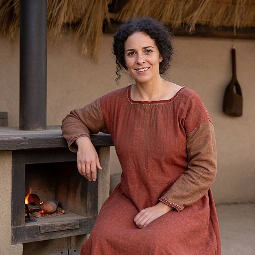 Photograph of a smiling woman with curly black hair, wearing a brown medieval-style dress, leaning on a wooden fireplace. Background includes straw roof and hanging
