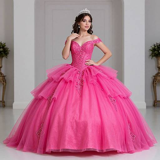 Photograph of a woman in a vibrant pink, off-shoulder, ball gown with a voluminous tulle skirt, wearing a silver tiara