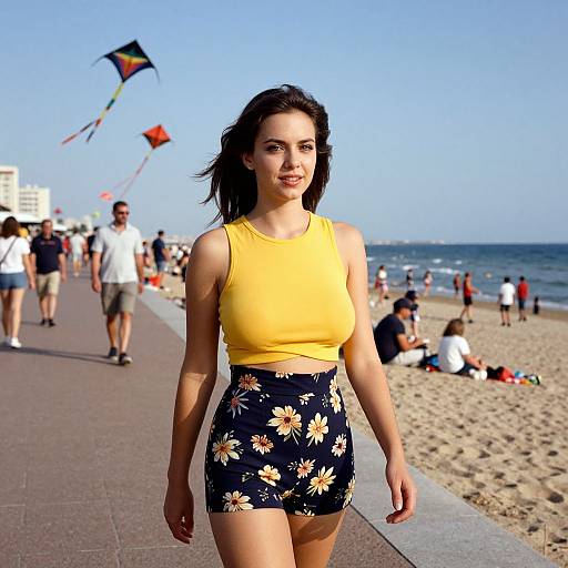 Photograph of a smiling young woman with medium skin tone, dark hair, wearing a yellow crop top and black floral shorts, walking on a sunny beach