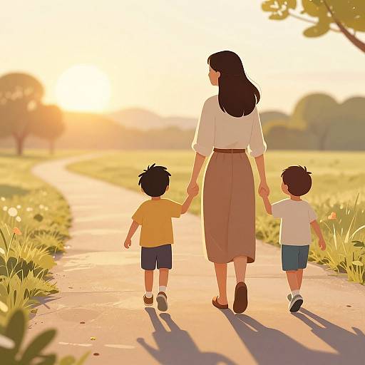 Digital illustration of a woman with long black hair holding hands with two young boys, walking on a sunlit, golden path through a grassy field at