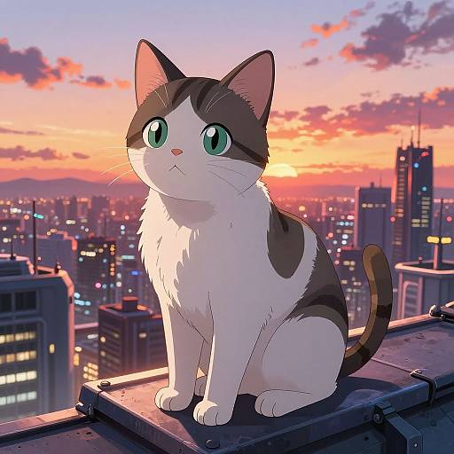 Anime-style digital artwork of a white and brown cat with large green eyes sitting on a rooftop, gazing at a vibrant sunset cityscape with colorful skys