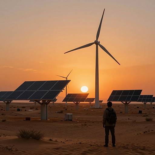 Photograph of a person standing in a desert at sunset, with solar panels and a wind turbine in the background.