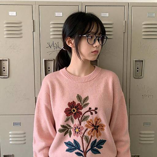 Young Woman in Floral Sweater by Lockers