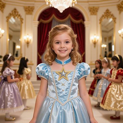 Photograph of a young girl with light brown hair in a blue satin dress with a gold star, smiling in an ornate ballroom with other children