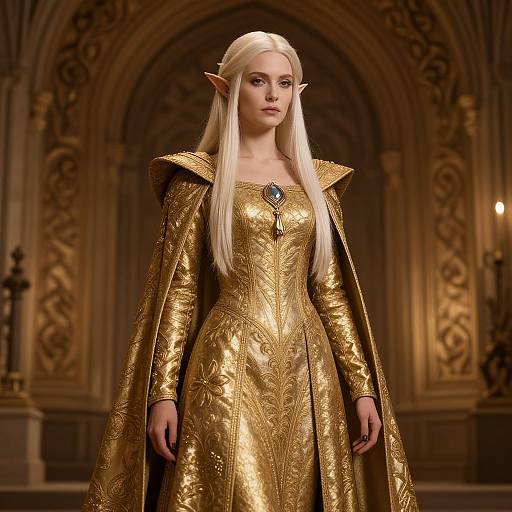 Photograph of a fair-skinned, blonde elf woman with pointed ears in an ornate, gold, long-sleeve dress and cape, standing
