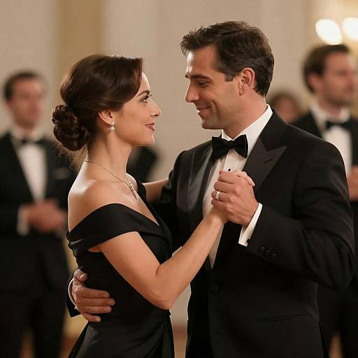 Photograph of a smiling couple dancing in a formal ballroom, both wearing black tuxedos and off-shoulder black dresses, surrounded by