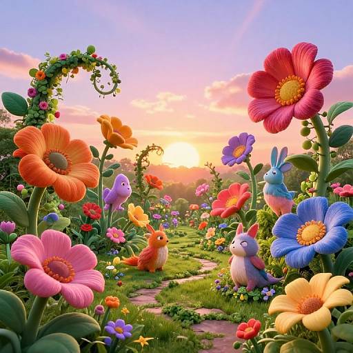 Digital illustration of a vibrant, colorful garden at sunset with whimsical, cartoon-style flowers, birds, and a path, under a bright, orange-p