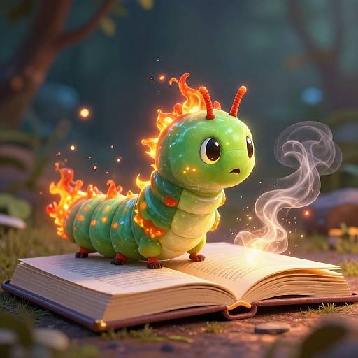 Whimsical CGI image of a green, fire-emitting caterpillar with large eyes, standing on an open book, emitting smoke, in a mystical
