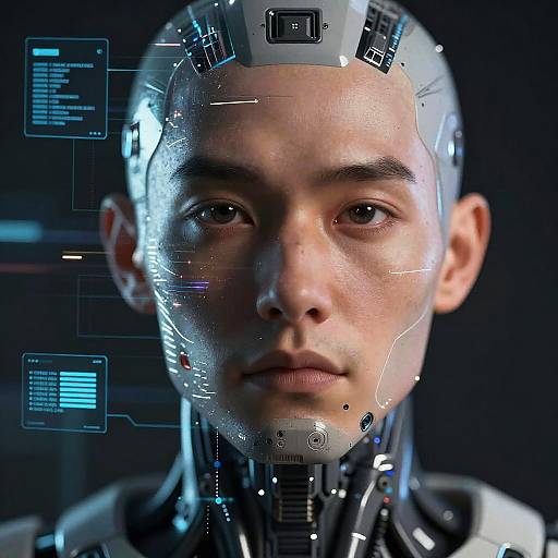 Digital artwork of a bald, fair-skinned, male humanoid with cybernetic enhancements, featuring glowing blue interface lines and holographic displays on his head