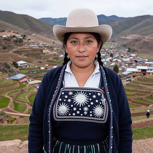 Photograph of a smiling indigenous woman in traditional Andean attire, white hat, black apron with white sun patterns, standing in front of terraced