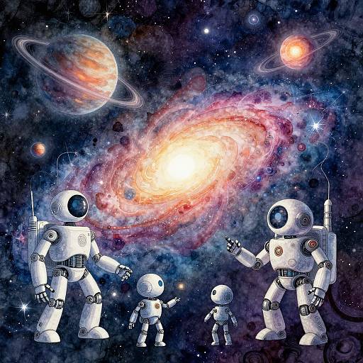 Cosmic Dreamscape with Robotic Creatures