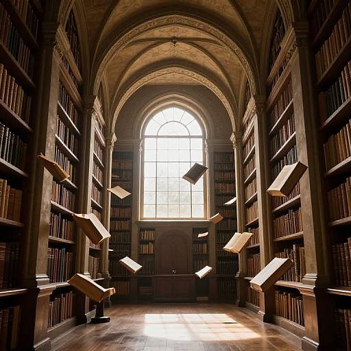 Photograph of a grand, dimly lit library with arched ceiling, wooden bookshelves, and several open bookstands, illuminated by sunlight from