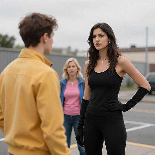 Confident Woman Facing Man in Urban Street Scene