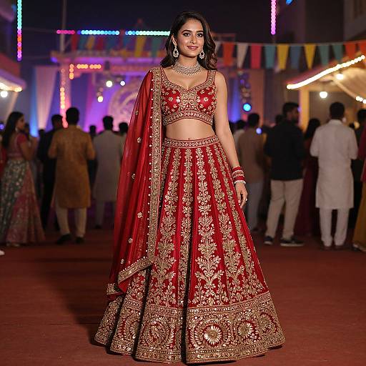 Photograph of a beautiful South Asian woman in a red and gold traditional lehenga-choli set, standing confidently on a red carpet at a festive,