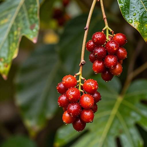 Photograph of vivid red, water-droplet-covered cherry clusters hanging from a brown stem, with lush, green, rain-splashed leaves in