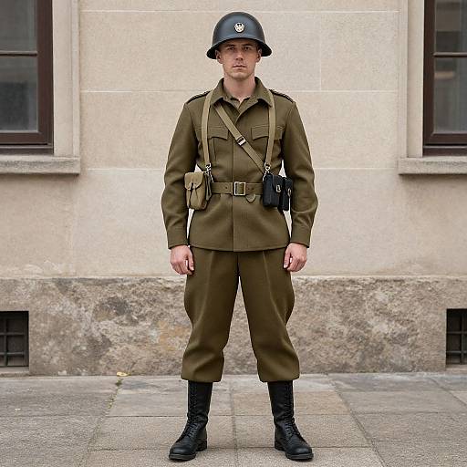Photograph of a young Caucasian male soldier in vintage British WWII olive-green uniform, black helmet, black boots, standing against a beige stone building.
