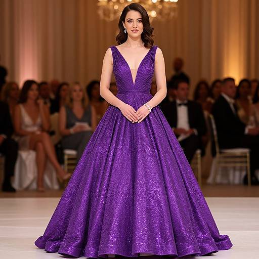 Photograph of a fair-skinned woman with dark brown hair, wearing a deep purple, sleeveless, V-neck ball gown, standing confidently on a