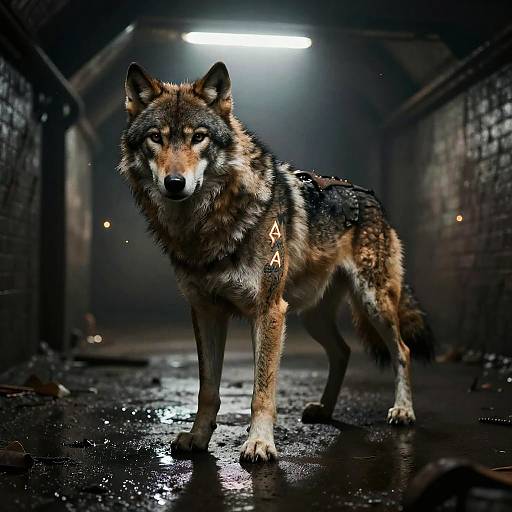 Digital art: A fierce, gray and brown wolf with glowing pentagram tattoos stands in a dark, damp, industrial hallway, illuminated by a overhead light