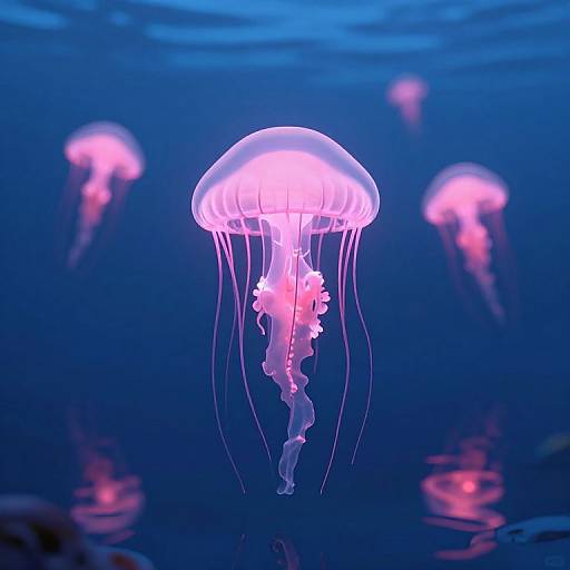 Photograph of glowing pink and purple jellyfish with translucent bodies and long, flowing tentacles, floating in a deep blue underwater setting.