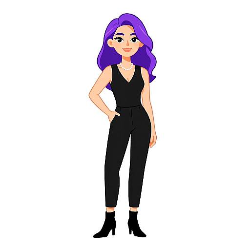 Digital illustration of a confident woman with purple hair, wearing a black sleeveless jumpsuit and black ankle boots, standing against a white background.