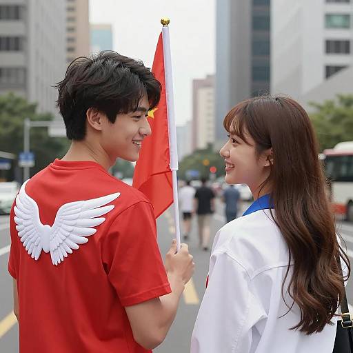 Urban Couple Smiling with Red Flag