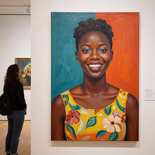 Photograph of a vibrant, colorful painting of a smiling Black woman with short curly hair in a floral yellow dress, displayed in an art gallery with another