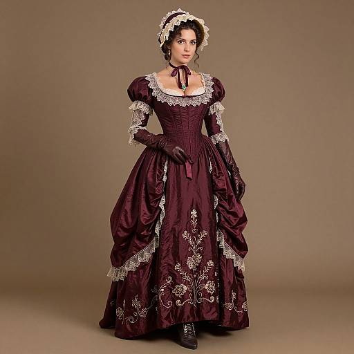 Photograph of a woman in a Victorian-style, deep purple satin dress with white lace trim, black gloves, and a white lace headdress, standing