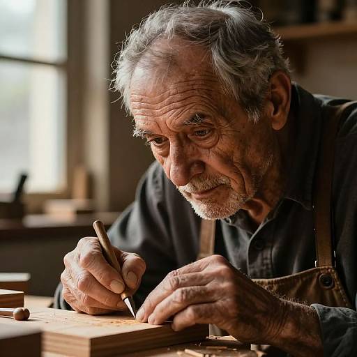 Photograph of an elderly, weathered man with gray hair and beard, wearing a dark shirt and brown apron, intently writing with a pencil