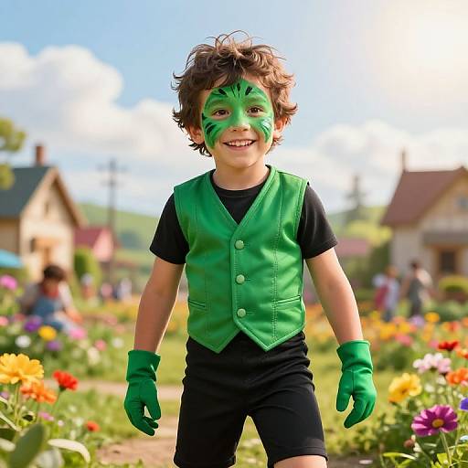 Photograph of a smiling young boy with green face paint, gloves, and vest, standing in a colorful garden, wearing black shorts.