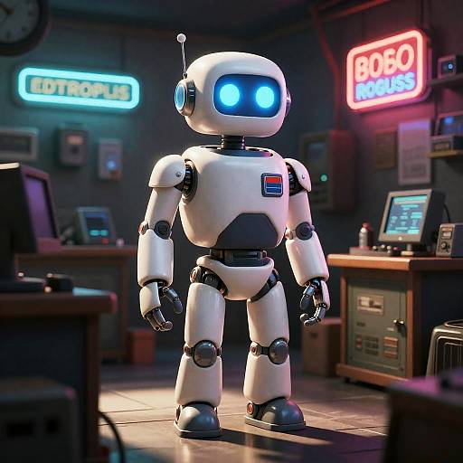 Retro Futuristic Mechanic Robot in Cyberpunk Workshop