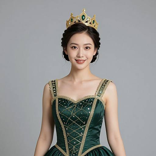 Photograph of an Asian woman with fair skin, wearing a green, gold-embellished, strapless ball gown and a gold tiara,