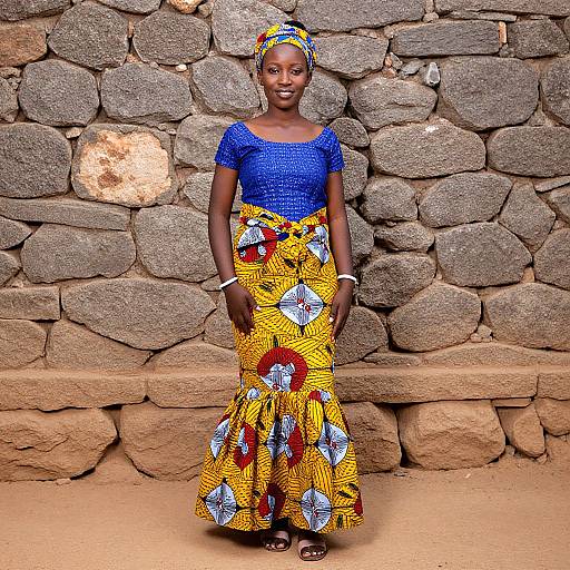 Photograph of a smiling African woman in a vibrant blue top and yellow, red, and white patterned skirt, standing against a rustic stone wall.