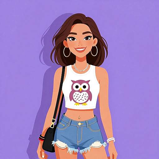 Digital illustration of a smiling young woman with brown hair, wearing a white owl crop top, blue denim shorts, hoop earrings, and a black shoulder bag