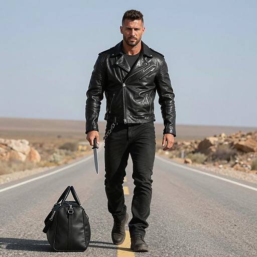 Muscular Man on Deserted Road with Knife