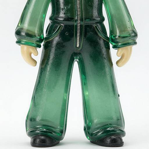 Photograph of a green glass figurine wearing black zip-up pants and oversized sleeves, with beige hands, standing against a white background.