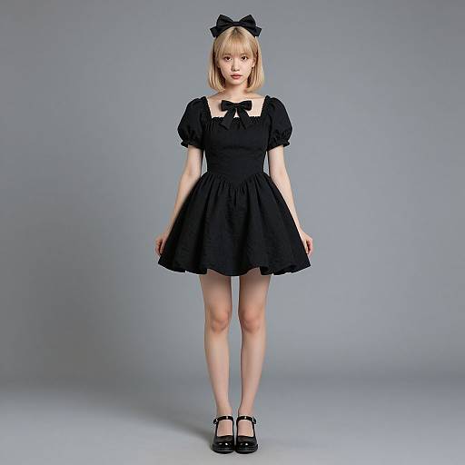 Photograph of a young woman with blonde bob haircut, wearing a black, puffed-sleeve dress, black bow headband, and black Mary