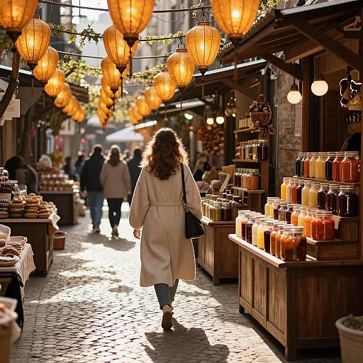 Photograph of a cobblestone market street at sunset, with a woman in a beige coat walking away, surrounded by glowing orange lanterns and jars