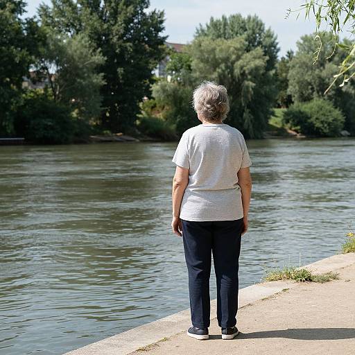Photograph of an elderly woman with short gray hair, wearing a white t-shirt and black pants, standing on a riverbank, facing a calm river