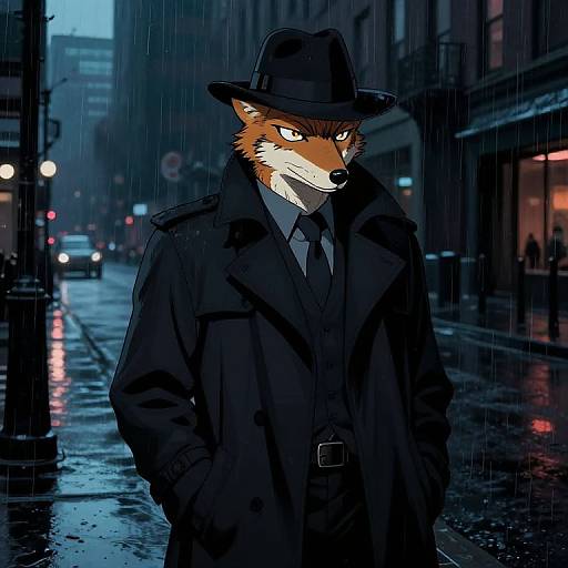 Digital artwork of an anthropomorphic fox in a dark trench coat and fedora, standing in a rainy, neon-lit urban alley at night.