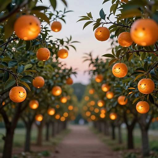 Whimsical Glowing Orange Fruit Pathway