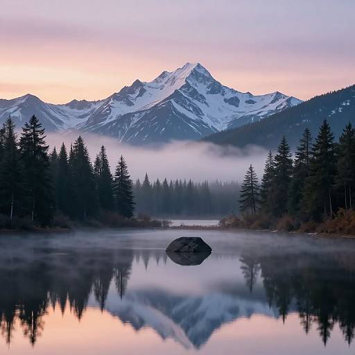 Photograph of a serene mountain lake at dawn, reflecting snow-capped peaks, evergreen trees, and a lone rock in the calm water. Soft
