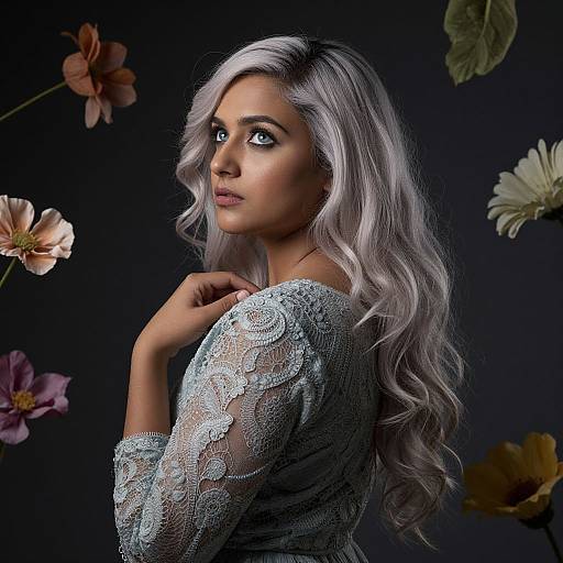 Photograph of a woman with long, wavy silver hair, wearing a lace, light blue top, gazing over her shoulder, surrounded by colorful