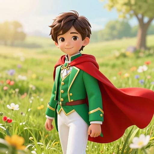 Digital 3D artwork of a cute young boy with brown hair, wearing a green jacket, white pants, and red cape, standing in a sunny
