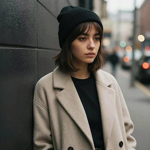 Photograph of a young woman with fair skin, brown bob haircut, wearing a black beanie and beige coat, standing against a dark wall in a