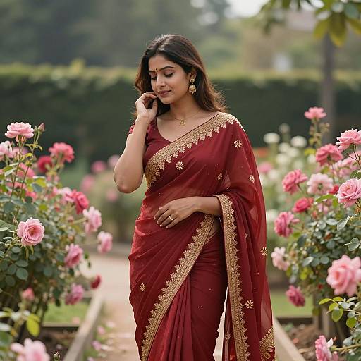 Indian Woman in Maroon Saree in Rose Garden