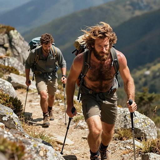 Hairy Men Hiking Rugged Mountains