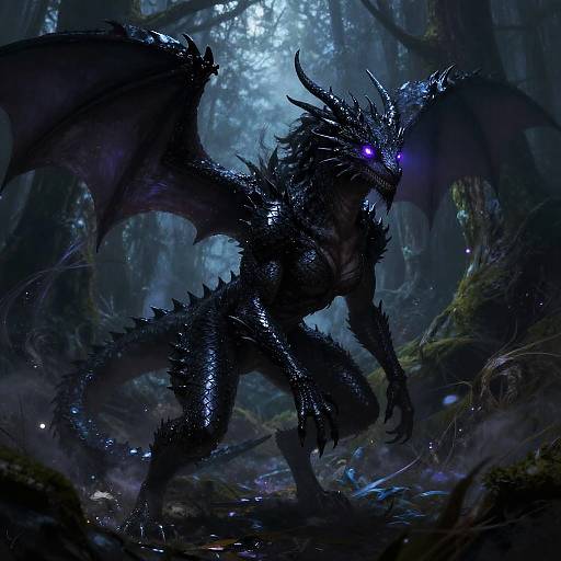 Digital fantasy artwork of a dark, luminescent blue dragon with glowing eyes, sharp spikes, and large wings, standing menacingly in a misty